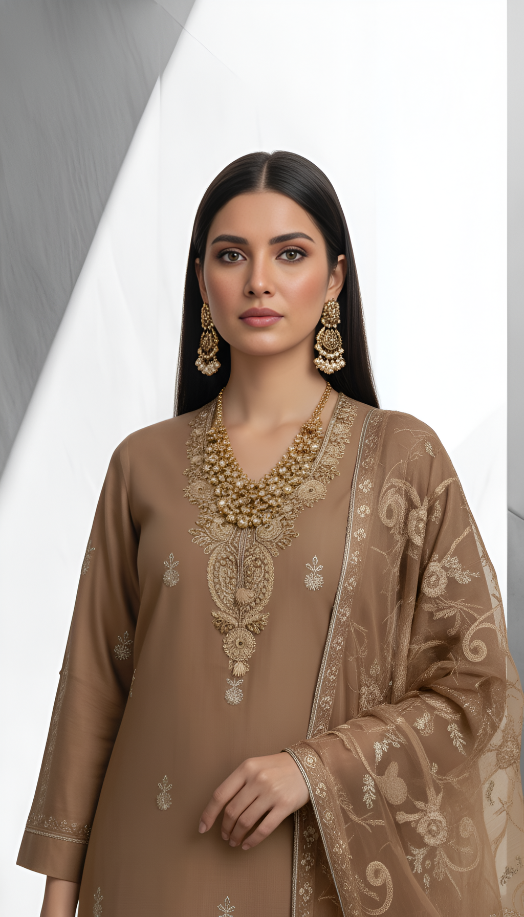 Embroidered Camel Brown 3-Piece Unstitched Suit