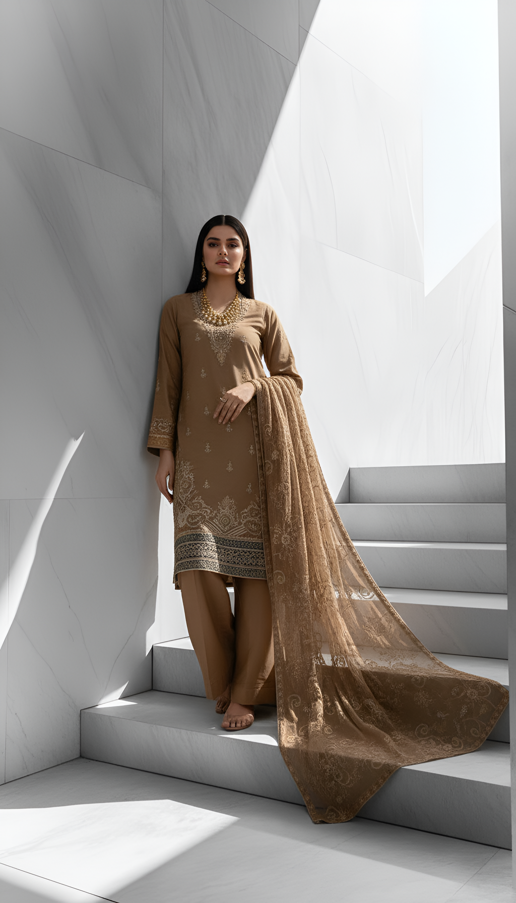 Embroidered Camel Brown 3-Piece Unstitched Suit