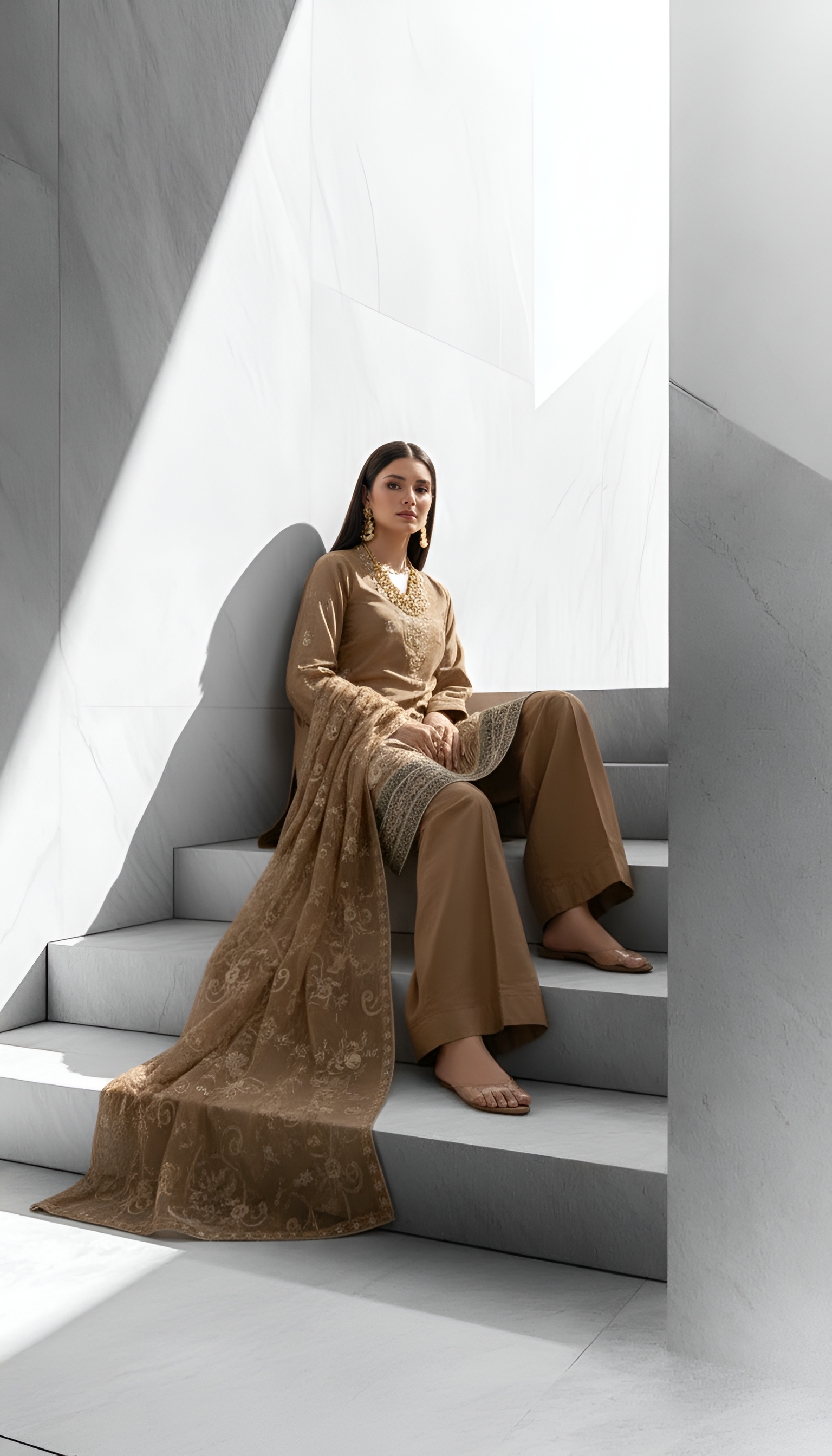 Embroidered Camel Brown 3-Piece Unstitched Suit