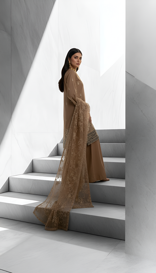 Embroidered Camel Brown 3-Piece Unstitched Suit