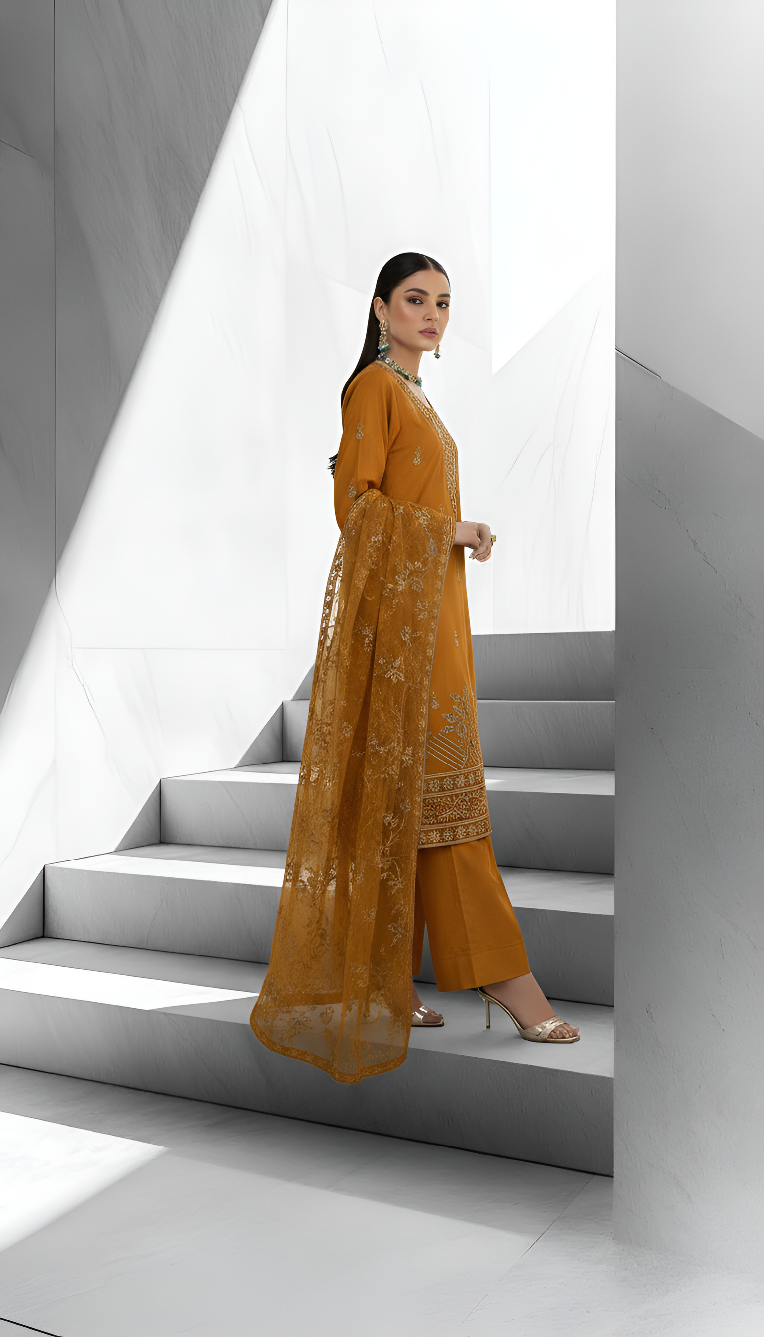 Golden Ochre – 3-Piece Unstitched Bana Dora Lawn with Hand-Embellished Gala