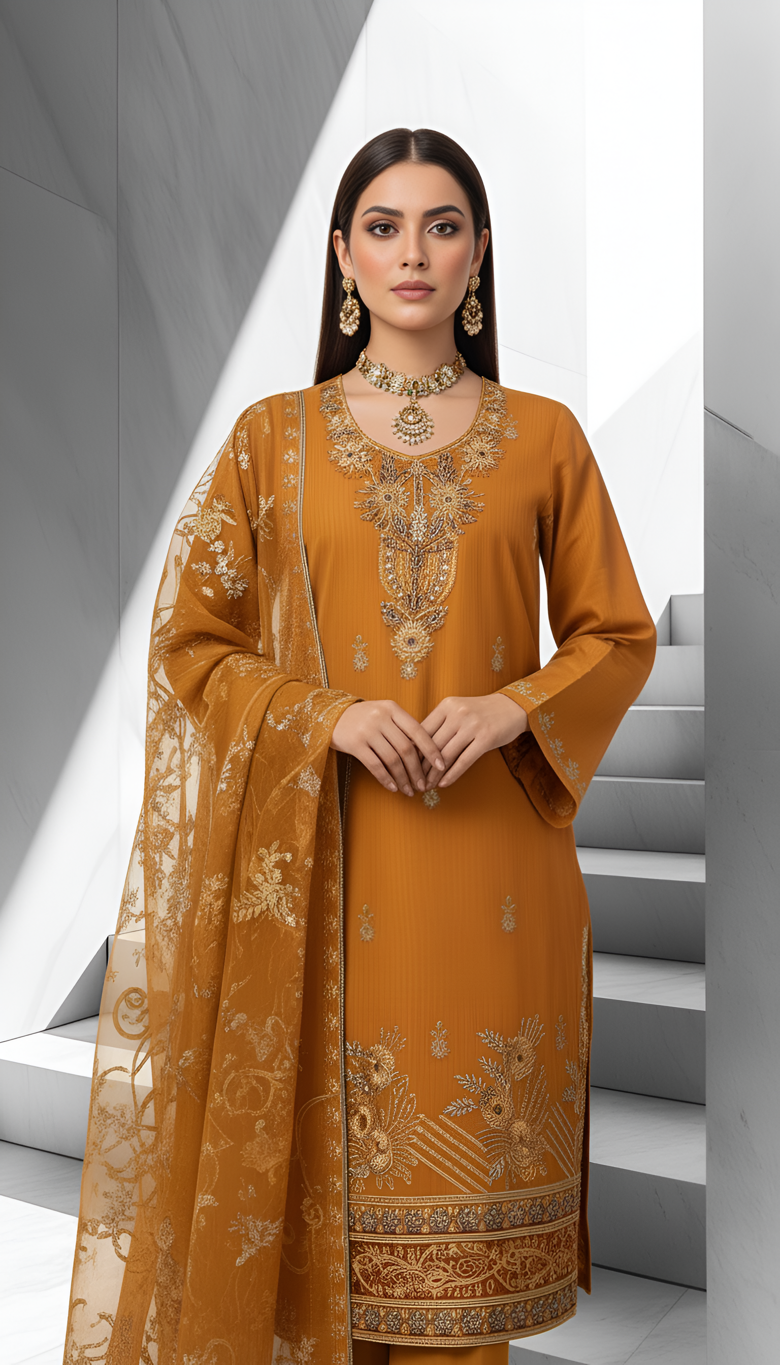 Golden Ochre – 3-Piece Unstitched Bana Dora Lawn with Hand-Embellished Gala