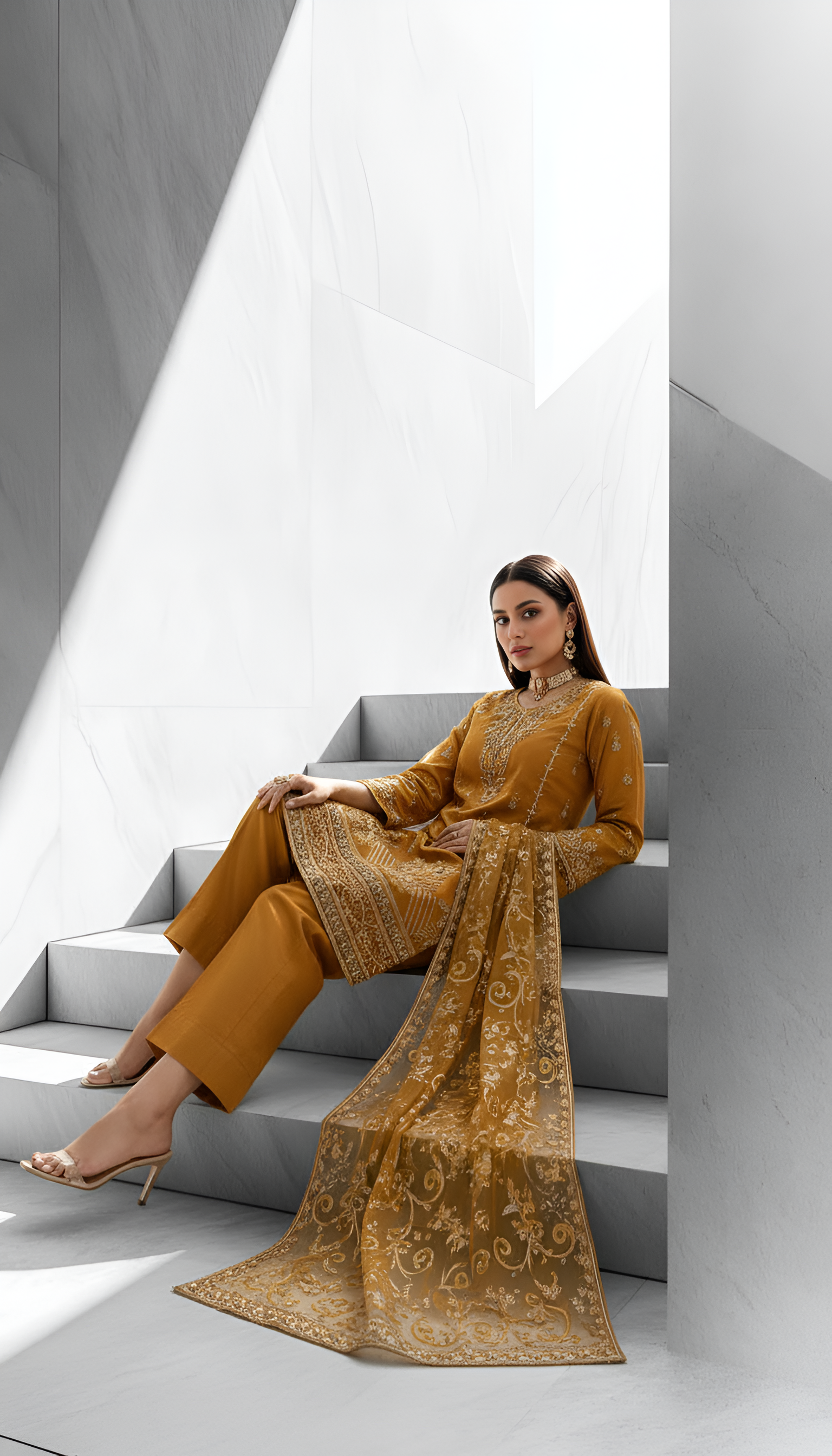 Golden Ochre – 3-Piece Unstitched Bana Dora Lawn with Hand-Embellished Gala