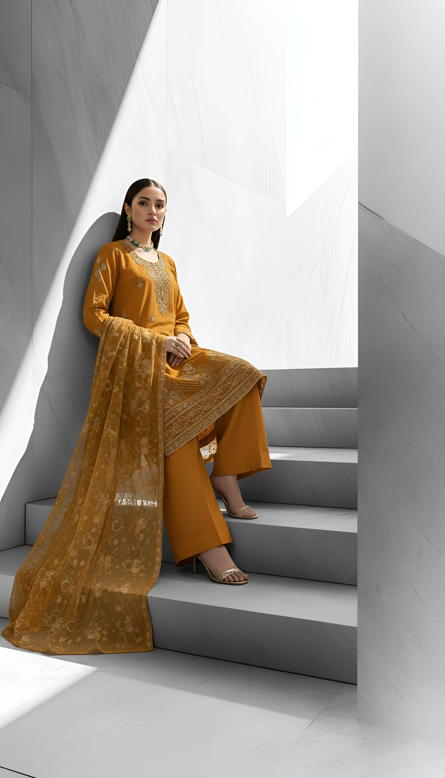 Golden Ochre – 3-Piece Unstitched Bana Dora Lawn with Hand-Embellished Gala